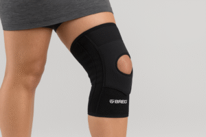 woman in a mini skirt with a leg brace on