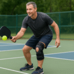 A man playing pickleball witha leg brace on