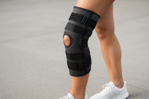 A woman with a leg brace on her left leg