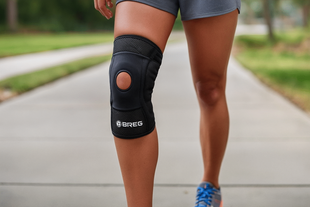 woman walking on a street with a brace on