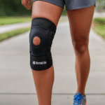 woman walking on a street with a brace on