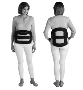A woman front and back wearing a spinal stim